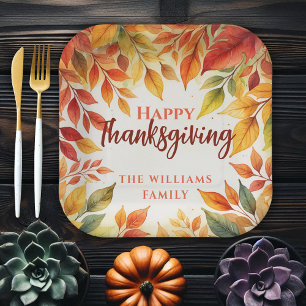 Watercolor Autumn Leaves Family Thanksgiving Paper Plate
