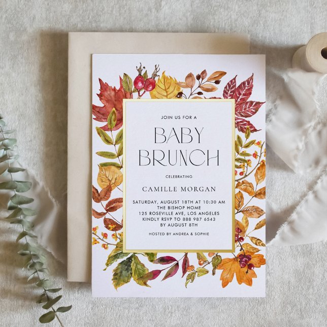 Watercolor Autumn Leaves Frame Fall Baby Brunch (Customizable Autumn Gold Foil Baby Brunch Invitation with Watercolor Foliage Frame)