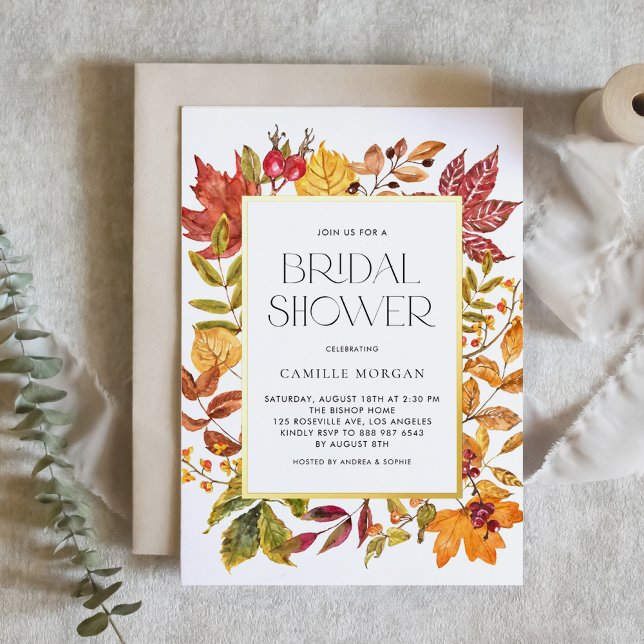 Watercolor Autumn Leaves Frame Fall Bridal Shower (Customizable Gold Foil Autumn Bridal Shower Invitation with Watercolor Foliage Frame)