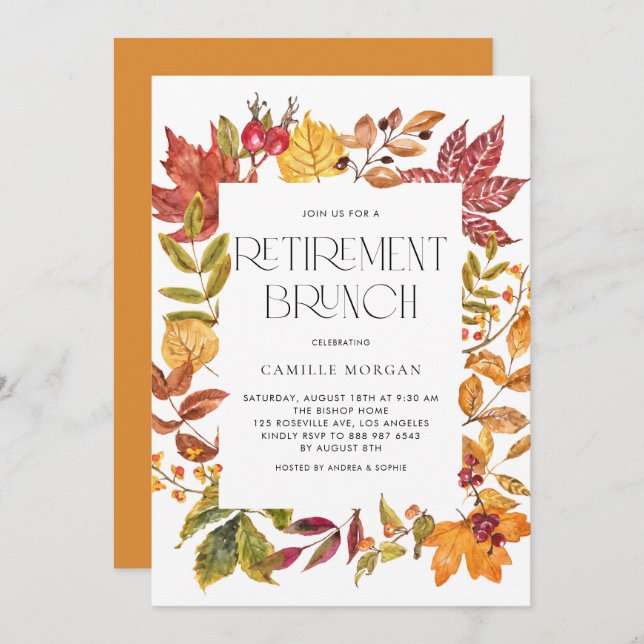 Watercolor Autumn Leaves Frame Retirement Brunch Invitation (Front/Back)