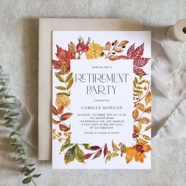 Watercolor Autumn Leaves Frame Retirement Party Invitation (Creator Uploaded)