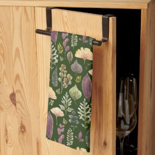 Watercolor Autumn Leaves Green Kitchen Towel