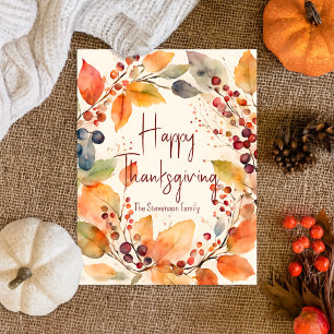 Watercolor Autumn Leaves Happy Thanksgiving Wreath Postcard