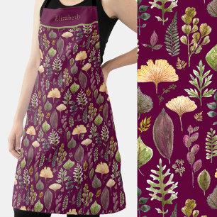 Watercolor Autumn Leaves on Burgundy Botanical  Apron