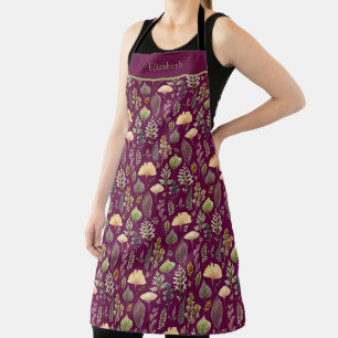 Watercolor Autumn Leaves on Burgundy Botanical  Apron