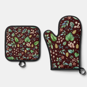  Watercolor Autumn Leaves on Burgundy Oven Mitt & Pot Holder Set