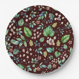 Watercolor Autumn Leaves on Burgundy Paper Plate