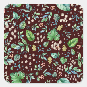  Watercolor Autumn Leaves on Burgundy Square Sticker