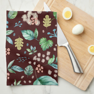 Watercolor Autumn Leaves on Burgundy Tea Towel