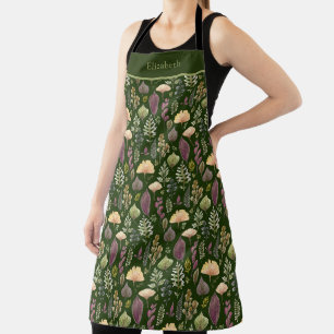 Watercolor Autumn Leaves on Dark Green Botanical  Apron