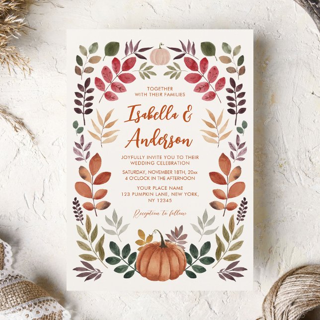 Watercolor Autumn Leaves Pumpkin Wedding  Invitation (Creator Uploaded)