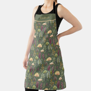 Watercolor Autumn Leaves Sage Green Botanical Apron