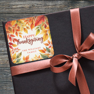 Watercolor Autumn Leaves Thanksgiving Favour Square Sticker