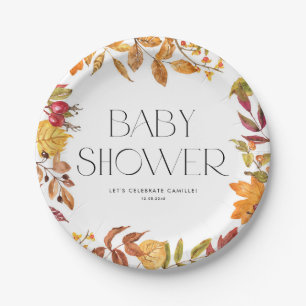 Watercolor Autumn Leaves Wreath Fall Baby Shower Paper Plate