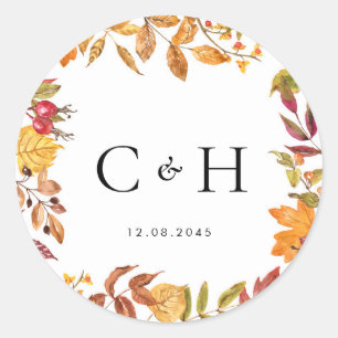 Watercolor Autumn Leaves Wreath Wedding Monogram Classic Round Sticker