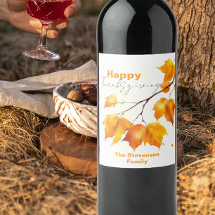 Watercolor Autumn Maple Leaf Thanksgiving Wine Label