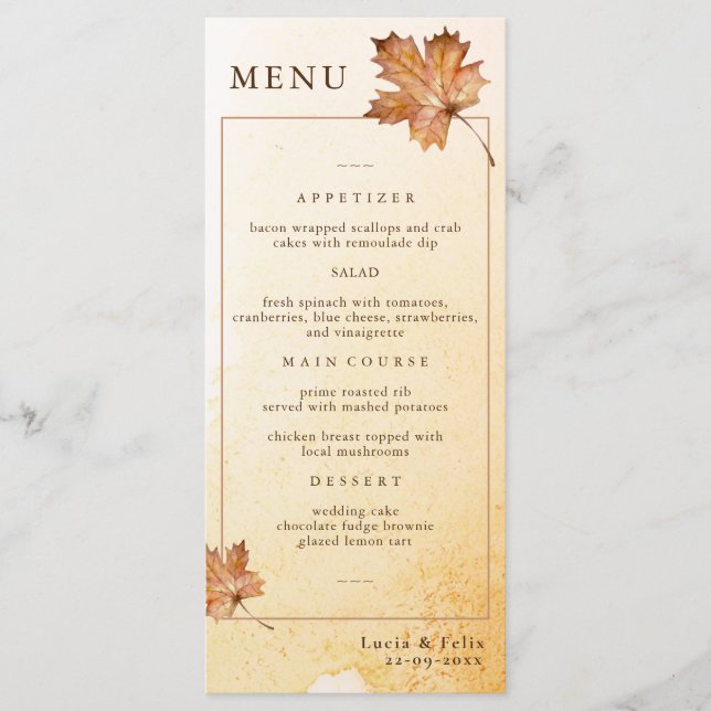 Watercolor Autumn Maple Leaf Wedding Dinner Menu (Front)