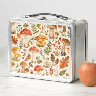 Watercolor Autumn Mushroom Pattern Metal Lunch Box