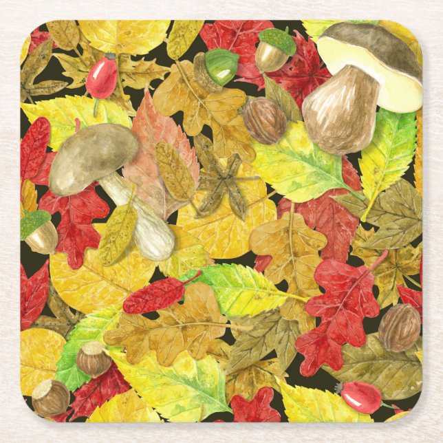 Watercolor autumn pattern square paper coaster (Front)