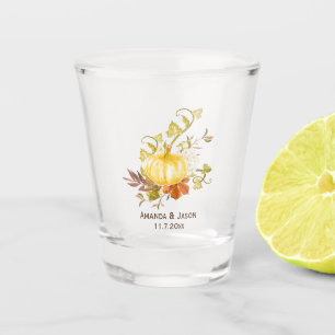 Watercolor Autumn Pumpkin and Leaves Wedding Favou Shot Glass