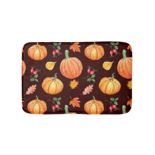 Watercolor Autumn Pumpkin Floral Pattern Bath Mat