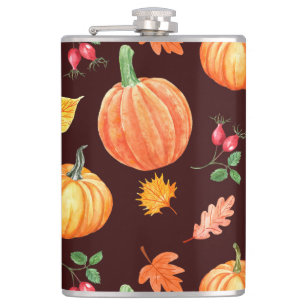 Watercolor Autumn Pumpkin Floral Pattern Hip Flask