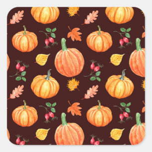 Watercolor Autumn Pumpkin Floral Pattern Square Sticker