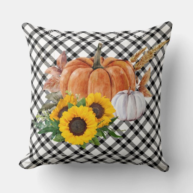 Watercolor Autumn Pumpkin Sunflowers Thanksgiving Cushion (Front)