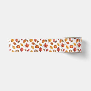 Watercolor Autumn Pumpkins and Fall Leaves Satin Ribbon