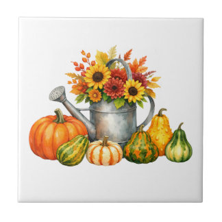 Watercolor Autumn Pumpkins and Watering Can Ceramic Tile
