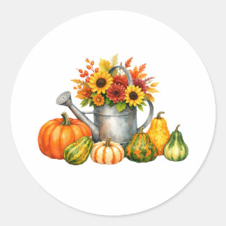 Watercolor Autumn Pumpkins and Watering Can Classic Round Sticker