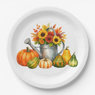 Watercolor Autumn Pumpkins and Watering Can Paper Plate