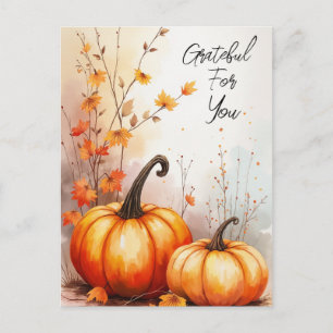 Watercolor Autumn Pumpkins Grateful Postcard