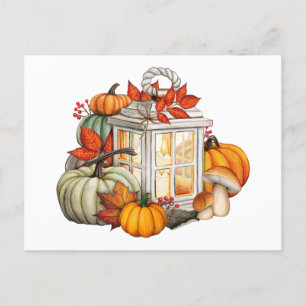 Watercolor Autumn Pumpkins, Leaves and Berries  Postcard