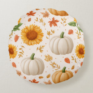 Watercolor Autumn Pumpkins & Sunflowers Pattern Round Cushion
