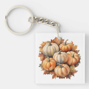 Watercolor Autumn Pumpkins with Leaves Key Ring