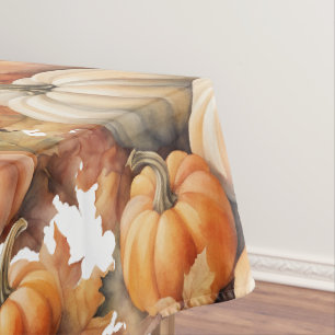 Watercolor Autumn Pumpkins with Leaves Tablecloth