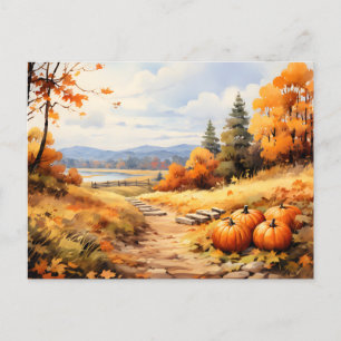 Watercolor Autumn Road Pumpkin Falling Leaves Announcement Postcard