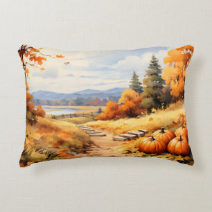 Watercolor Autumn Road Pumpkin Falling Leaves Decorative Cushion