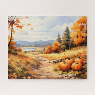 Watercolor Autumn Road Pumpkin Falling Leaves Jigsaw Puzzle