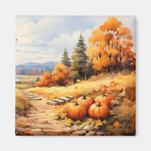 Watercolor Autumn Road Pumpkin Falling Leaves Magnet