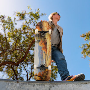 Watercolor Autumn Road Pumpkin Falling Leaves Skateboard