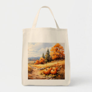 Watercolor Autumn Road Pumpkin Falling Leaves Tote Bag