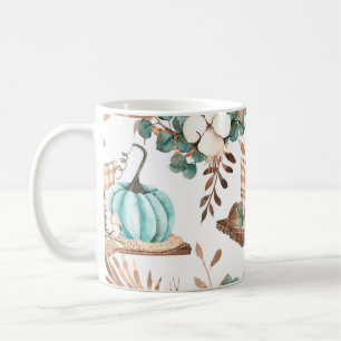 Watercolor autumn seamless pattern with colored pu coffee mug