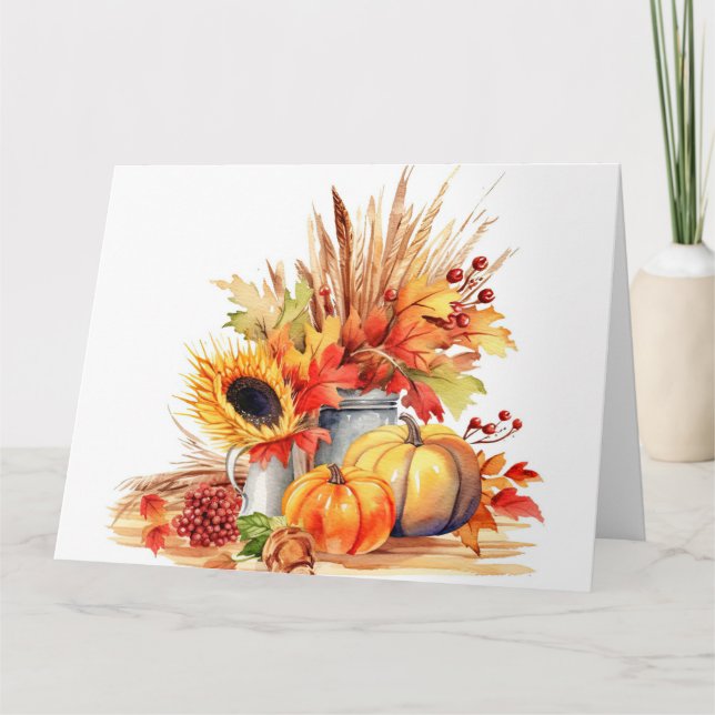 Watercolor Autumn Sunflower & Pumpkins Card (Front)