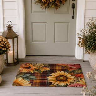 Watercolor Autumn Sunflowers & Floral Plaid Doormat