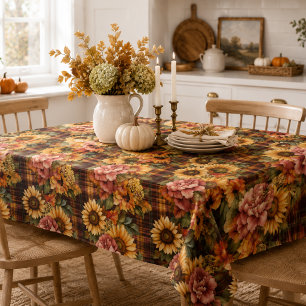 Watercolor Autumn Sunflowers & Floral Plaid Tablecloth