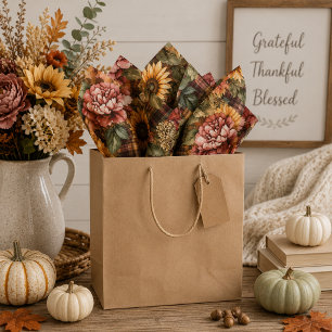 Watercolor Autumn Sunflowers & Floral Plaid Tissue Paper