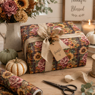 Watercolor Autumn Sunflowers & Floral Plaid Wrapping Paper