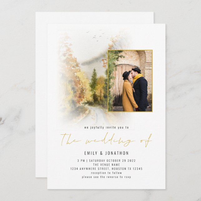 Watercolor Autumn Trees Photo QR Code Gold Wedding Invitation (Front/Back)